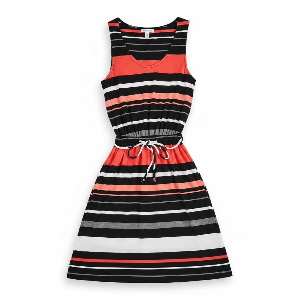 Merona Womens XS Striped Sleeveless Knit Dress Black Coral White Elastic Waist